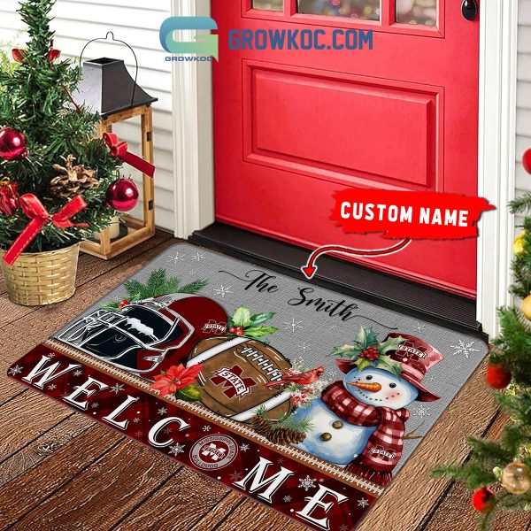 Mississippi State Bulldogs Snowman Welcome Christmas Football Personalized Doormat