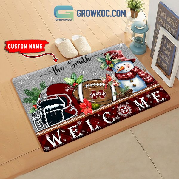 Mississippi State Bulldogs Snowman Welcome Christmas Football Personalized Doormat