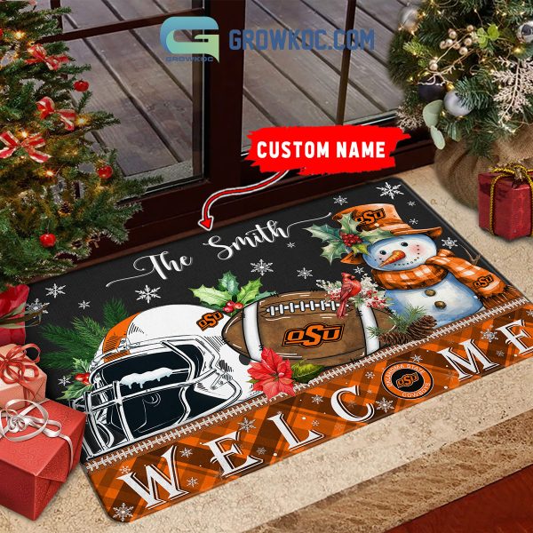 Oklahoma State Cowboys Snowman Welcome Christmas Football Personalized Doormat