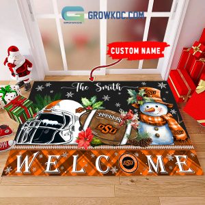 Oklahoma State Cowboys Snowman Welcome Christmas Football Personalized Doormat