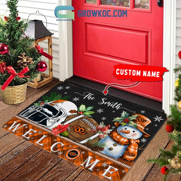 Oklahoma State Cowboys Snowman Welcome Christmas Football Personalized Doormat