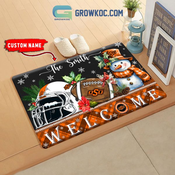 Oklahoma State Cowboys Snowman Welcome Christmas Football Personalized Doormat