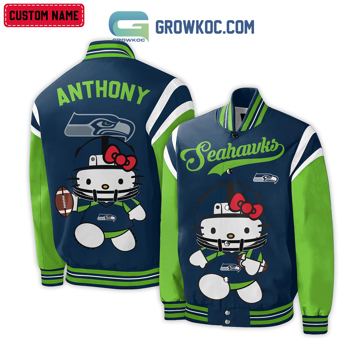 Seattle Seahawks NFL Hello Kitty Personalized Baseball Jacket - Growkoc