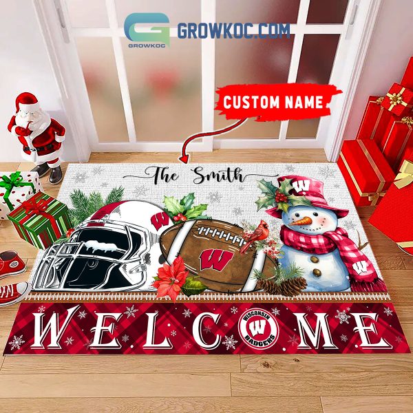 Wisconsin Badgers Snowman Welcome Christmas Football Personalized Doormat