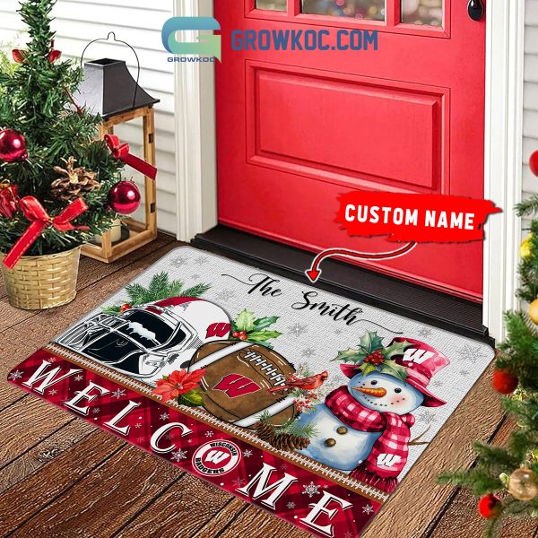 Wisconsin Badgers Snowman Welcome Christmas Football Personalized Doormat