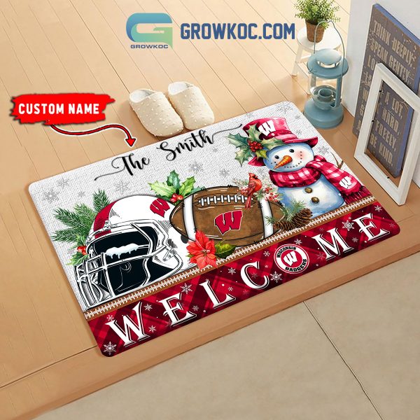 Wisconsin Badgers Snowman Welcome Christmas Football Personalized Doormat