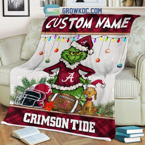Alabama Crimson Tide Grinch Football Merry Christmas Light Personalized Fleece Blanket Quilt