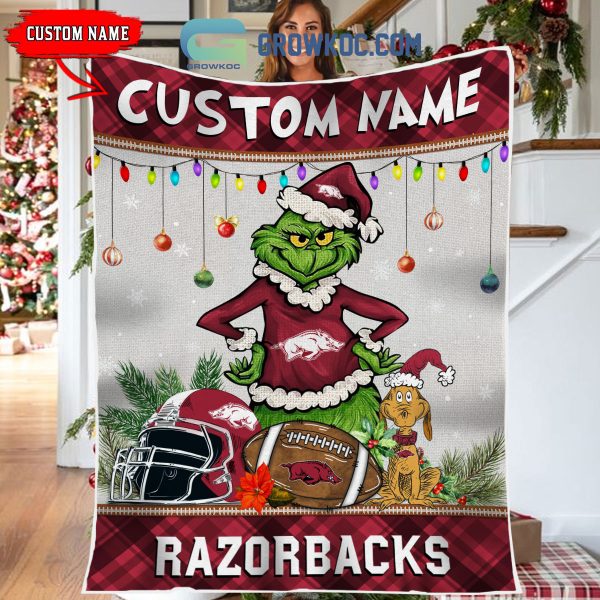 Arkansas Razorbacks Grinch Football Merry Christmas Light Personalized Fleece Blanket Quilt