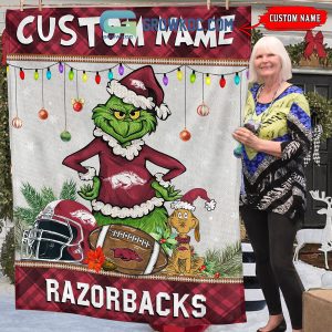 Arkansas Razorbacks Grinch Football Merry Christmas Light Personalized Fleece Blanket Quilt
