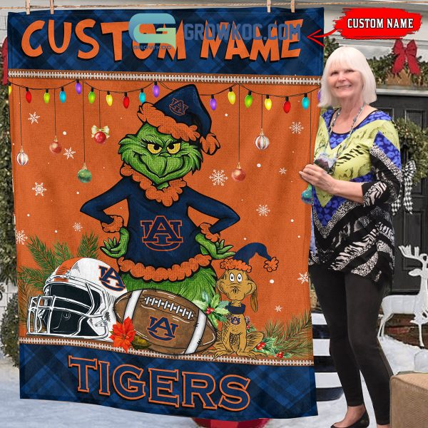 Auburn Tigers Grinch Football Merry Christmas Light Personalized Fleece Blanket Quilt