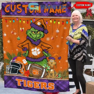 Clemson Tigers Grinch Football Merry Christmas Light Personalized Fleece Blanket Quilt