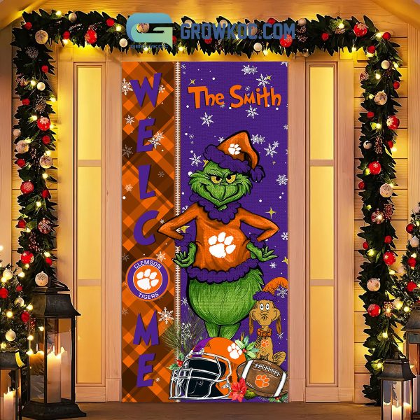 Clemson Tigers Grinch Football Welcome Christmas Personalized Decor Door Cover