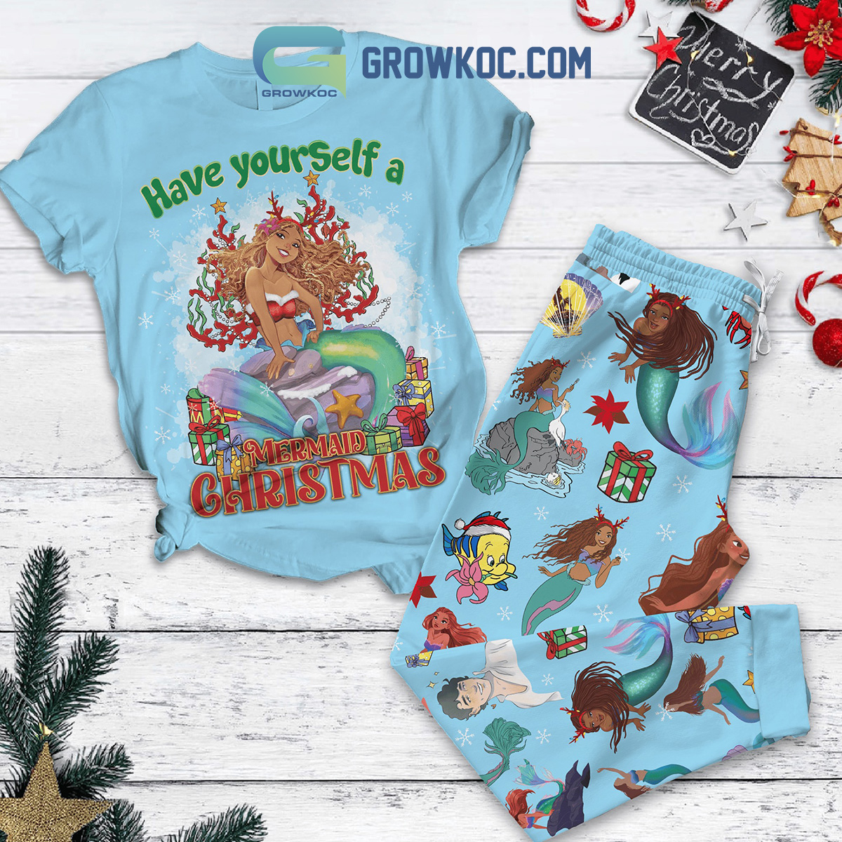 Disney Little Mermaid Have Yourself A Mermaid Christmas Fairy Tales Fleece Pajamas Set