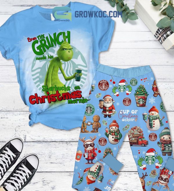 Even The Grinch Needs His Starbucks On Christmas Morning Fleece Pajamas Set