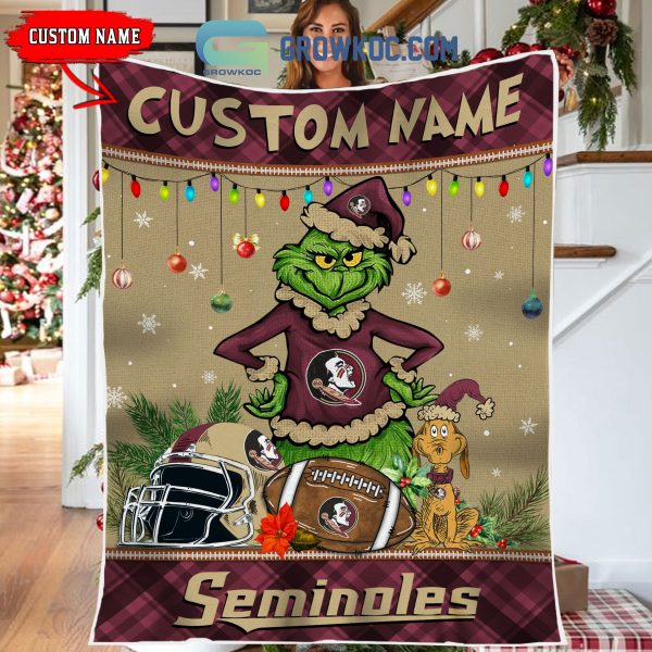 Florida State Seminoles Grinch Football Merry Christmas Light Personalized Fleece Blanket Quilt