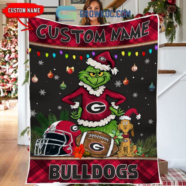 Georgia Bulldogs Grinch Football Merry Christmas Light Personalized Fleece Blanket Quilt