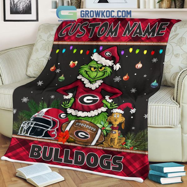 Georgia Bulldogs Grinch Football Merry Christmas Light Personalized Fleece Blanket Quilt