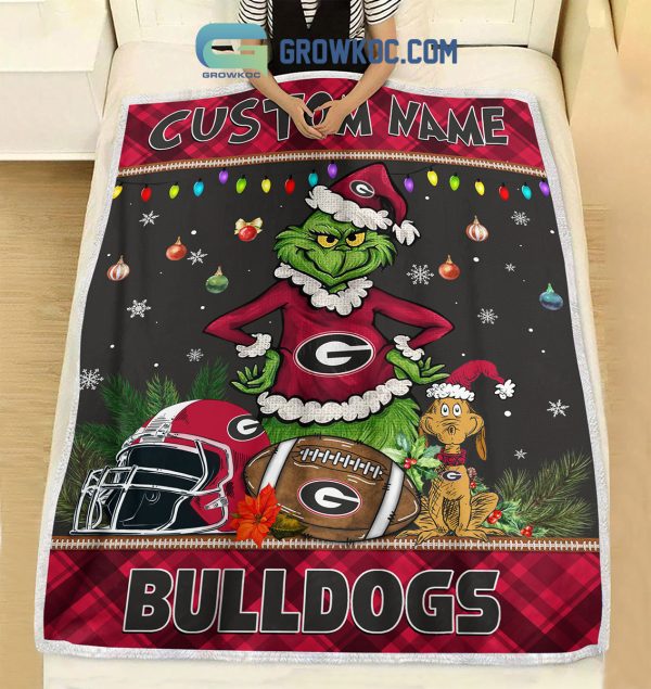 Georgia Bulldogs Grinch Football Merry Christmas Light Personalized Fleece Blanket Quilt