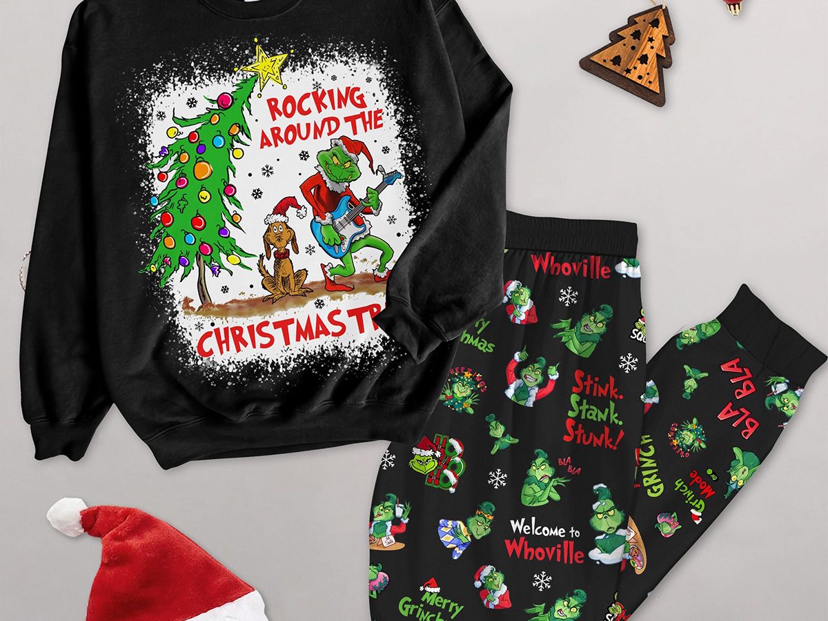 Grinch Rocking Around The Christmas Tree Stink Stank Stunk Welcome To Whoville Merry Grinchmas Fleece Pajama Sets Growkoc