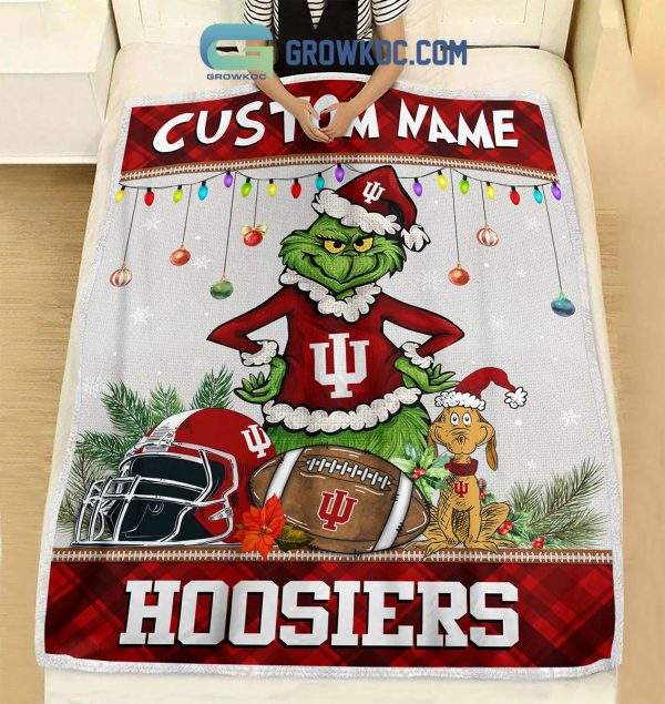 Indiana Hoosiers Grinch Football Merry Christmas Light Personalized Fleece Blanket Quilt