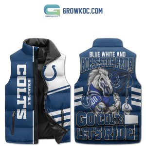 Indianapolis Coins Blue White And Horseshoe Pride Go Colts Let’s Ride Christmas Winter Sleeveless Puffer Jacket