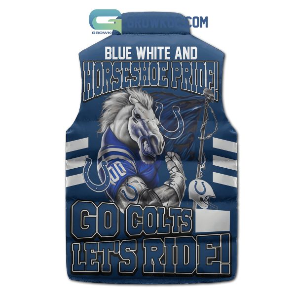 Indianapolis Coins Blue White And Horseshoe Pride Go Colts Let’s Ride Christmas Winter Sleeveless Puffer Jacket