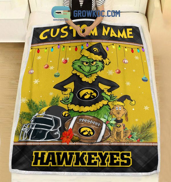 Iowa Hawkeyes Grinch Football Merry Christmas Light Personalized Fleece Blanket Quilt