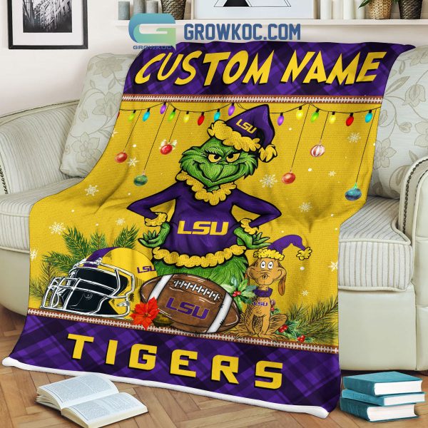 LSU Tigers Grinch Football Merry Christmas Light Personalized Fleece Blanket Quilt