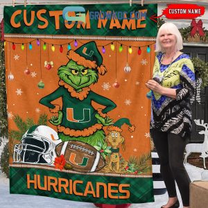 Miami Hurricanes Grinch Football Merry Christmas Light Personalized Fleece Blanket Quilt