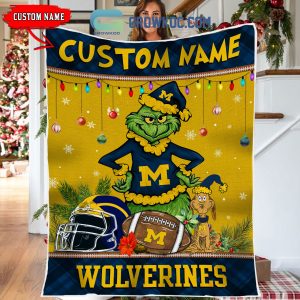 Michigan Wolverines Grinch Football Merry Christmas Light Personalized Fleece Blanket Quilt