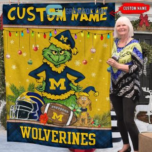 Michigan Wolverines Grinch Football Merry Christmas Light Personalized Fleece Blanket Quilt