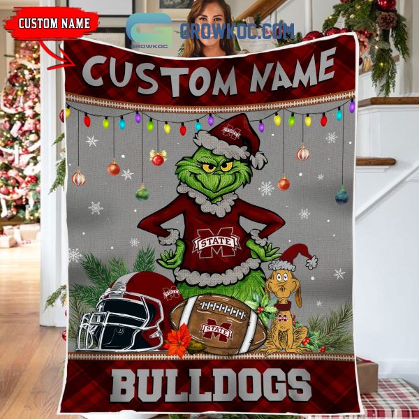 Mississippi State Bulldogs Grinch Football Merry Christmas Light Personalized Fleece Blanket Quilt