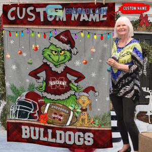Mississippi State Bulldogs Grinch Football Merry Christmas Light Personalized Fleece Blanket Quilt