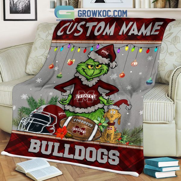 Mississippi State Bulldogs Grinch Football Merry Christmas Light Personalized Fleece Blanket Quilt