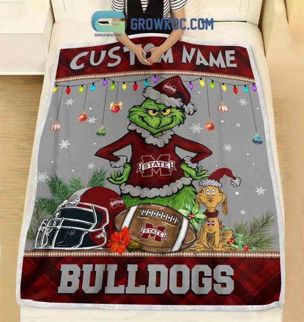 Mississippi State Bulldogs Grinch Football Merry Christmas Light Personalized Fleece Blanket Quilt