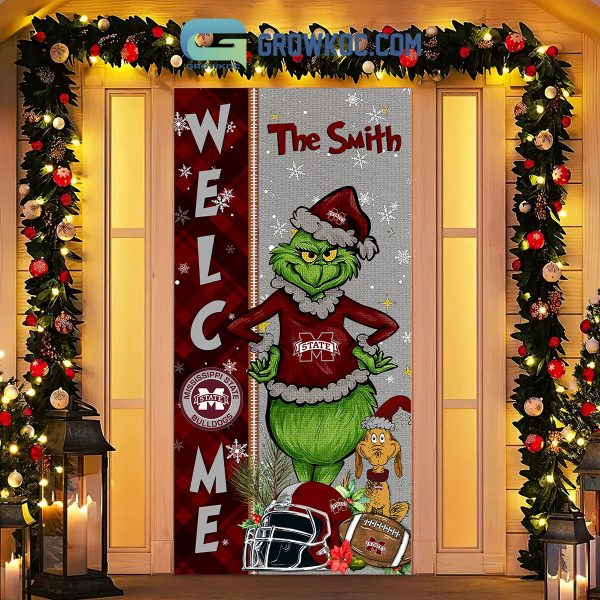 Mississippi State Bulldogs Grinch Football Welcome Christmas Personalized Decor Door Cover