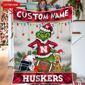 Nebraska Cornhuskers Grinch Football Merry Christmas Light Personalized Fleece Blanket Quilt