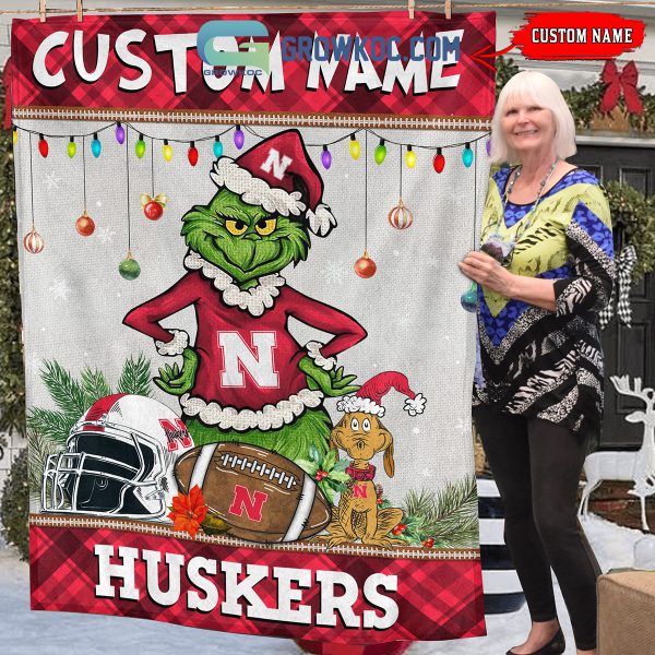 Nebraska Cornhuskers Grinch Football Merry Christmas Light Personalized Fleece Blanket Quilt