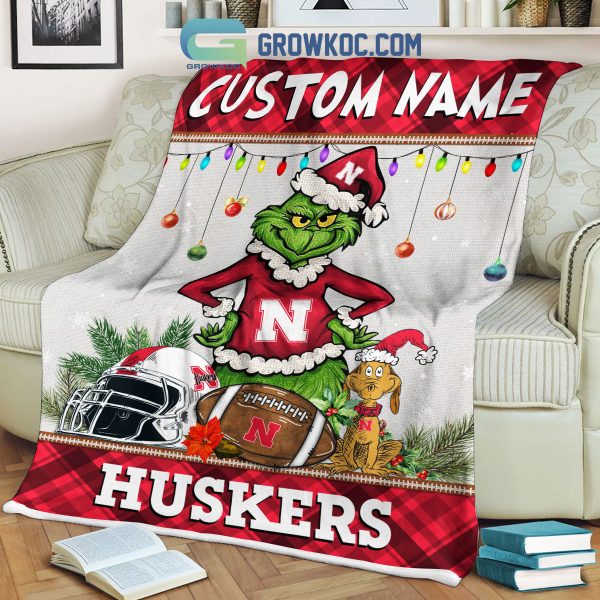 Nebraska Cornhuskers Grinch Football Merry Christmas Light Personalized Fleece Blanket Quilt