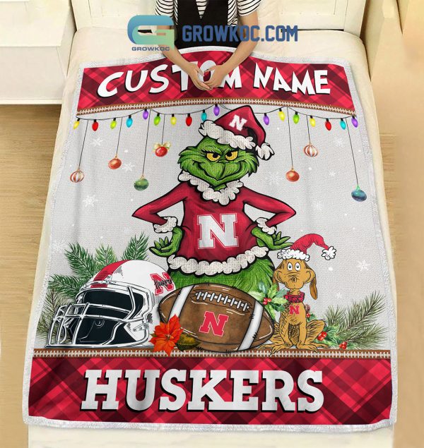 Nebraska Cornhuskers Grinch Football Merry Christmas Light Personalized Fleece Blanket Quilt