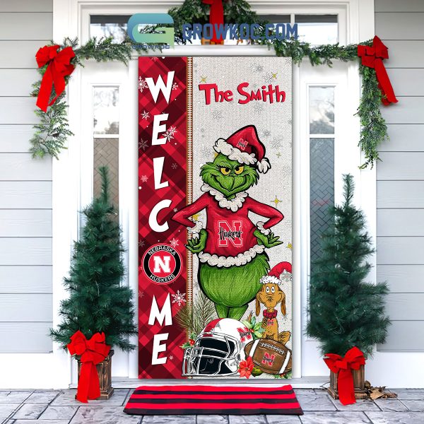 Nebraska Cornhuskers Grinch Football Welcome Christmas Personalized Decor Door Cover