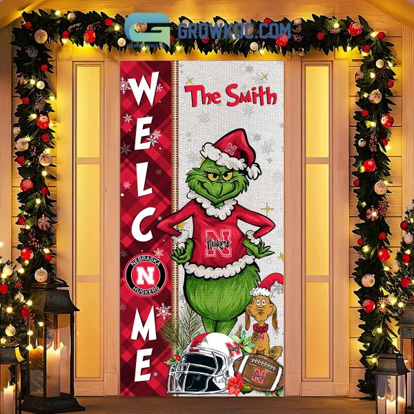 Nebraska Cornhuskers Grinch Football Welcome Christmas Personalized Decor Door Cover