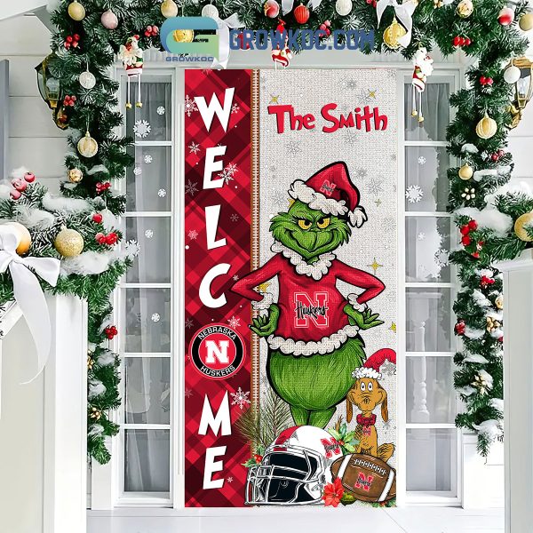 Nebraska Cornhuskers Grinch Football Welcome Christmas Personalized Decor Door Cover