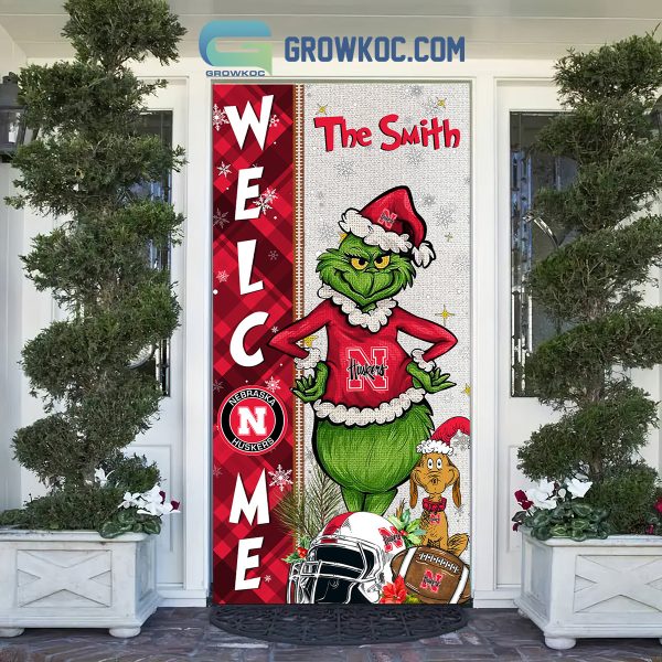 Nebraska Cornhuskers Grinch Football Welcome Christmas Personalized Decor Door Cover