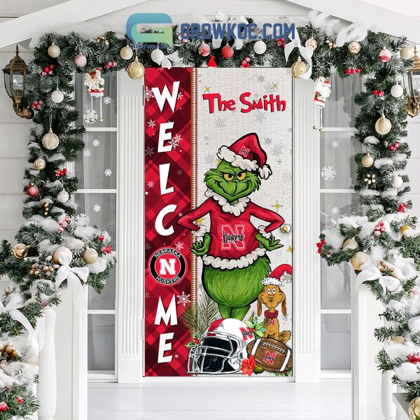 Nebraska Cornhuskers Grinch Football Welcome Christmas Personalized Decor Door Cover