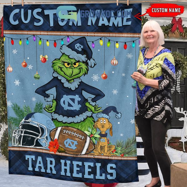North Carolina Tar Heels Grinch Football Merry Christmas Light Personalized Fleece Blanket Quilt