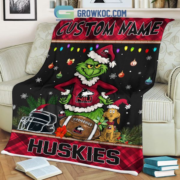 Northern Illinois Huskies Grinch Football Merry Christmas Light Personalized Fleece Blanket Quilt