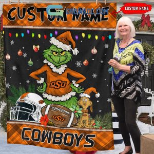 Oklahoma State Cowboys Grinch Football Merry Christmas Light Personalized Fleece Blanket Quilt