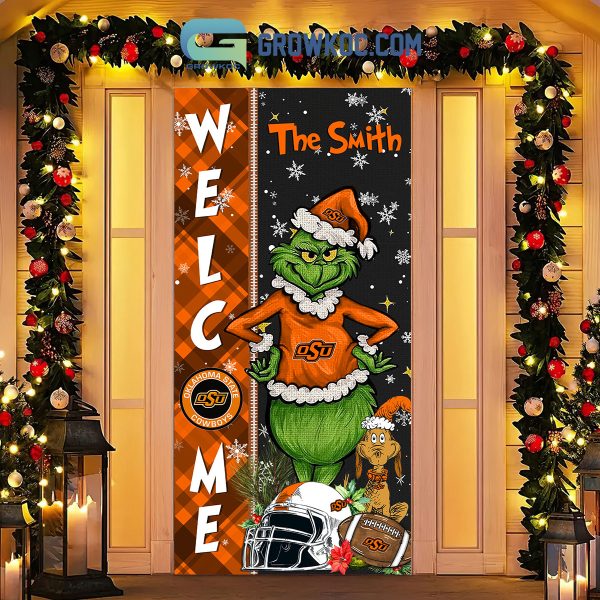 Oklahoma State Cowboys Grinch Football Welcome Christmas Personalized Decor Door Cover