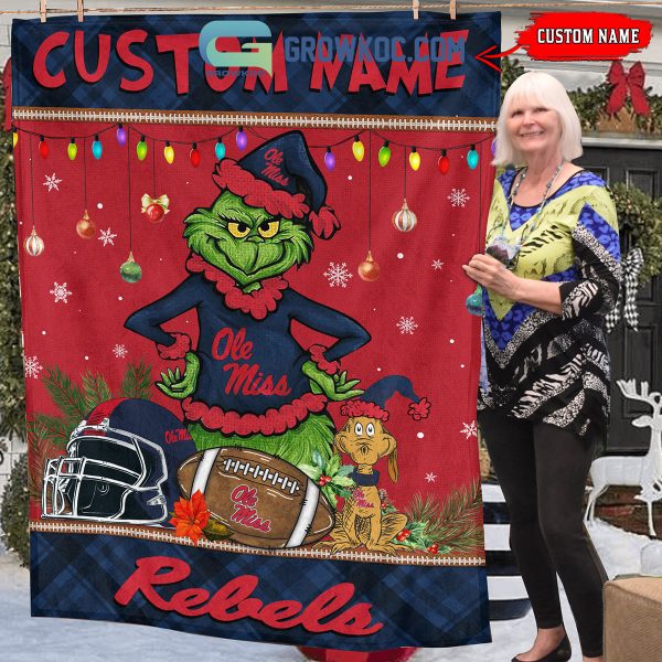 Ole Miss Rebels Grinch Football Merry Christmas Light Personalized Fleece Blanket Quilt